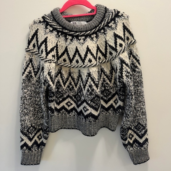 Zara Fair Isle Knit Sweater Black Cream Nordic Print Cozy Chunky - Picture 3 of 6